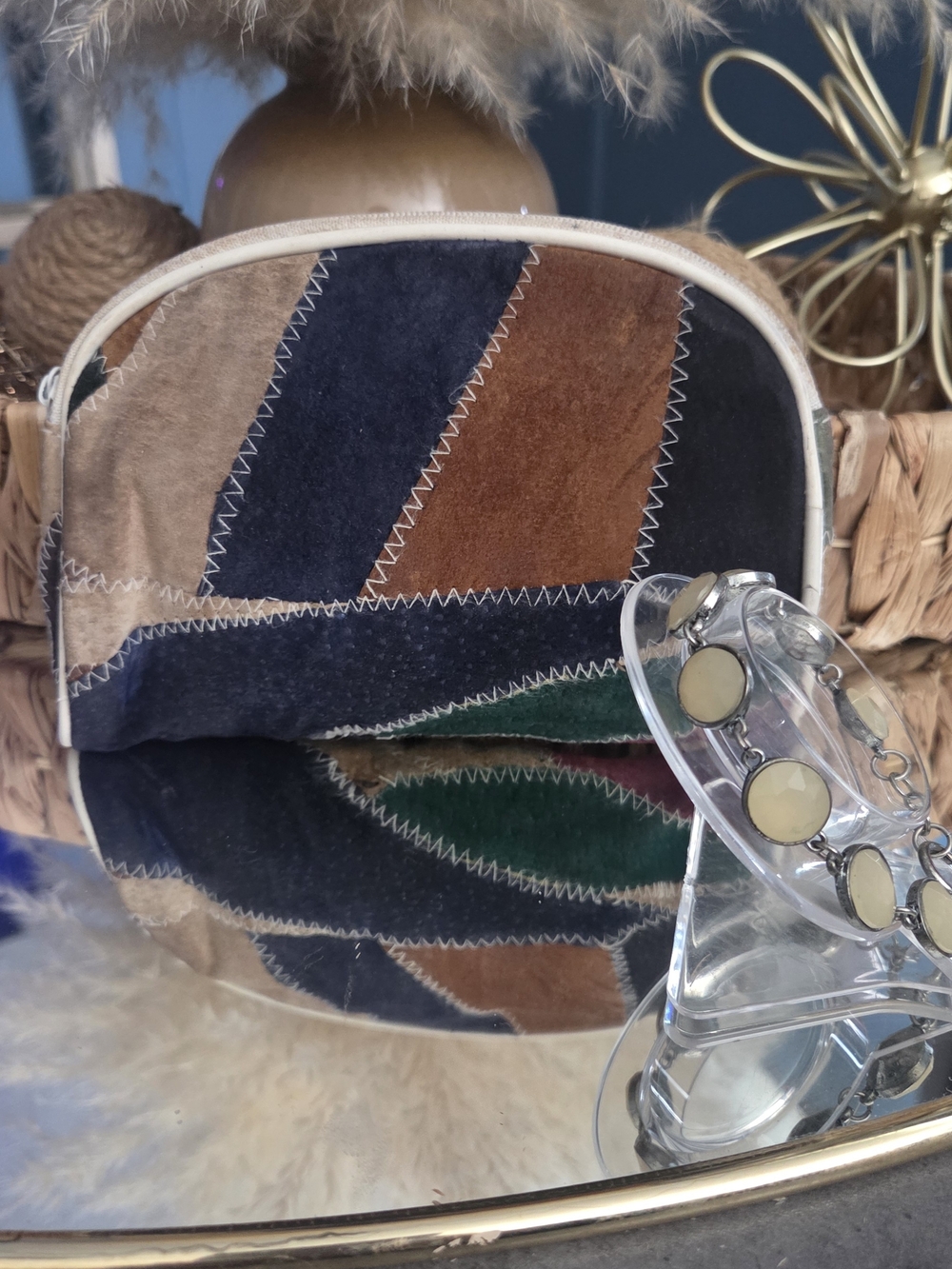 Vintage 1980s Boho Patchwork Suede Bag + Neutral Stone Bracelet Earth Tone